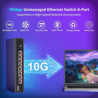 YuanLey 8-Port 10G Ethernet Switch, 8 x 10Gbps RJ45 Ports, Support 10G/5G/2.5G/1G/100Mbps Speed Auto-Negotiation, 160Gbps Switching Capacity, Unmanaged Switch Rackmountable, Plug and Play