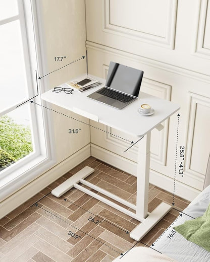 FLEXISPOT H7 PRO Mobile Standing Desk Adjustable Overbed Table Pneumatic with Wheels 90°Tiltable Portable Laptop Desk Rolling Computer Cart Foldable Bedside Table(31.5" W x 17.7" D, White)