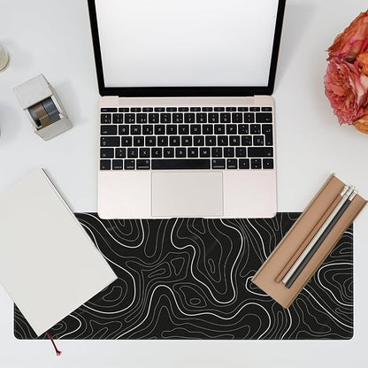 Desk Mat,Black Topographic Contour Map Desk Pad,Topographic Contour Large Gaming Mouse Pad for Desk,Extended Big Computer Keyboard Mouse Pad with Non-Slip Base and Stitched Edge,31.5"x11.8"