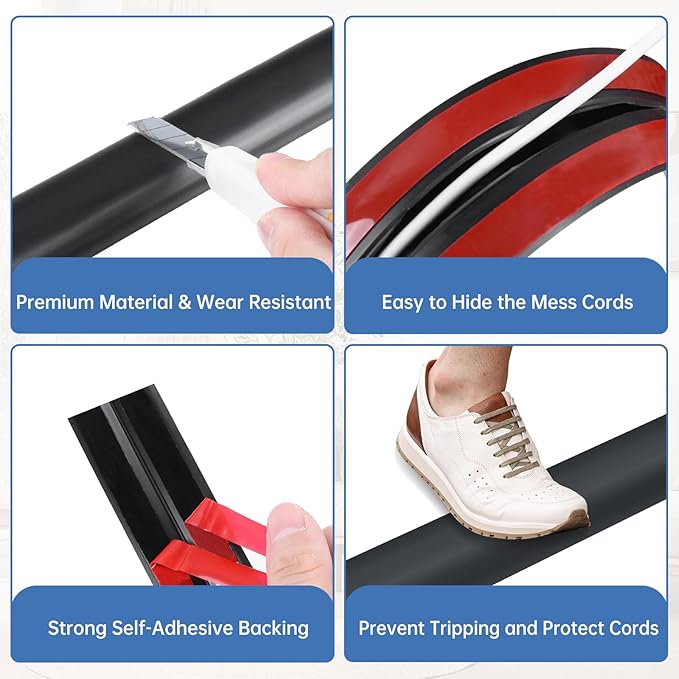 Floor Cord Cover Self Adhesive Cord Hider Floor Extension Cord Covers for Floor Power Cord Protector Cable Management Prevent Cable Trips Cable Cavity 0.59" W x 0.31" H (Black, 10Ft)