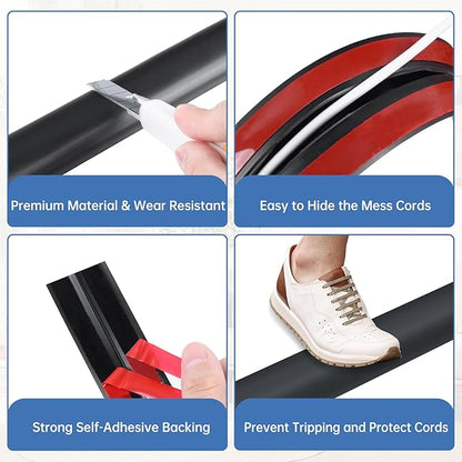 Floor Cord Cover Self Adhesive Cord Hider Floor Extension Cord Covers for Floor Power Cord Protector Cable Management Prevent Cable Trips Cable Cavity 0.47" W x 0.27" H (Black, 10Ft)