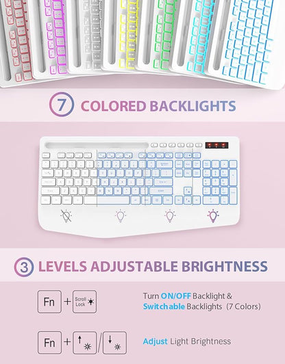 Trueque Wireless Keyboard with 7 Colored Backlits, Phone Holder, Wrist Rest, Rechargeable Ergonomic Keyboard with Silent Light Up Keys, Cordless Computer Keyboard for Windows, Mac, Laptop - (White)