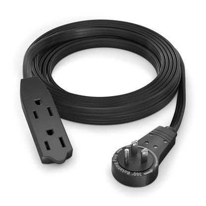 Maximm Cable 10 Ft 360° Rotating Flat Plug Extension Cord/Wire, 16 AWG Multi 3 Outlet Extension Wire, 3 Prong Grounded Wire - Black - UL Certified