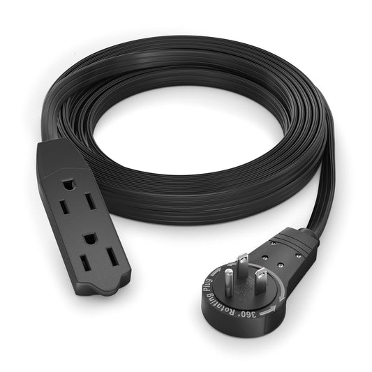Maximm Cable 10 Ft 360° Rotating Flat Plug Extension Cord/Wire, 16 AWG Multi 3 Outlet Extension Wire, 3 Prong Grounded Wire - Black - UL Certified