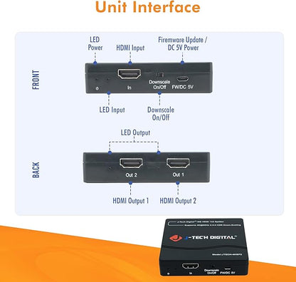 J-Tech Digital HDMI Splitter 1 in 2 Out 4K 60Hz Multi-Resolution Output (MRO) HDMI 2.0 Splitter Supports Downscale HDR HDR10 / Dolby Vision 4K@60Hz 4:4:4 HDCP2.3 2.2 (JTECH-4KSP2)
