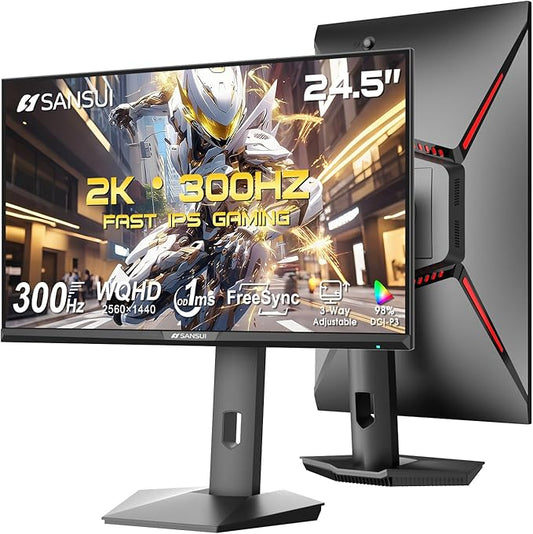 SANSUI 24.5 Inch Gaming Monitor QHD 1440P 300Hz 240Hz, 1ms Fast IPS Computer Monitor, 2× HDMI 2.1 Up to 300Hz, 2× DP 1.4 Up to 300Hz, 130% sRGB Eye Care VESA Support (DP Cable Included ES-G25F6Q Pro)