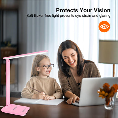 shinelife LED Desk Lamp for Office Home, Bright Desk Light with USB Charging Port, Adjustable Dimmable Desk Lamps 5 Modes 5 Brightness, Touch Study Lamp for Nail, Craft, Puzzle, Sewing, Study, Pink