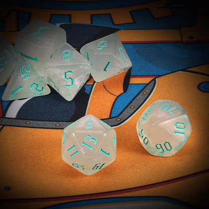 QMAY DND Dice Set -D&D Polyhedral Dice (7 Pcs) for Dungeons and Dragons (Transparent White Glitter)