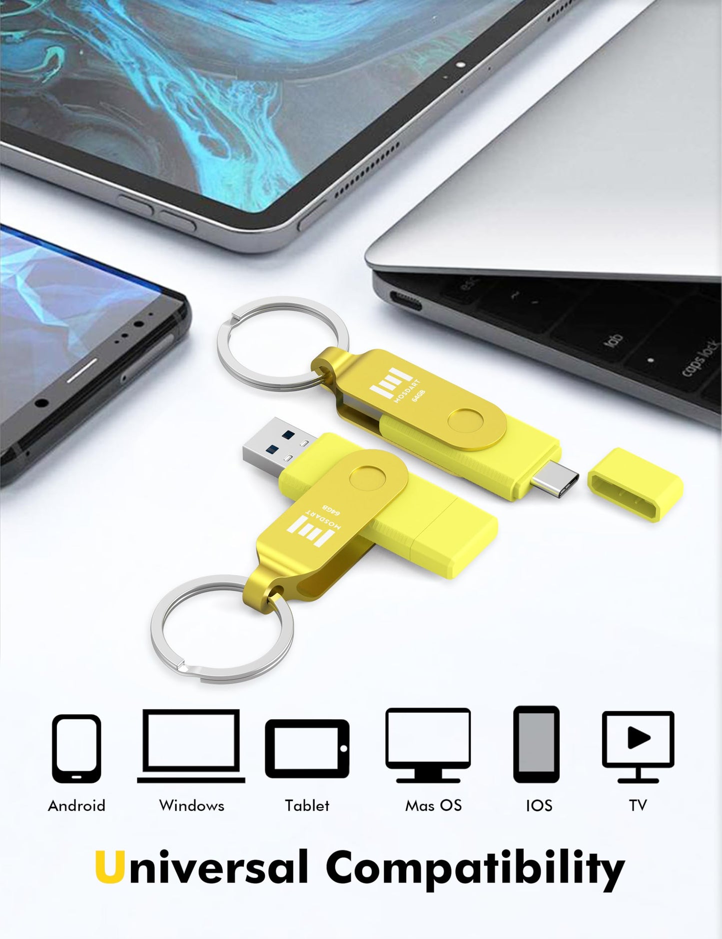 MOSDART 64GB USB C & A 3.2 150MB/s Dual Flash Drive with Keychain, Yellow