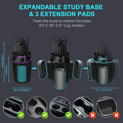 Cup Holder Car Tablet Mount for Truck, 360° Adjustable 15" Long 2-Arm Stand Holder for iPad Pro 12.9/11/10.5/9.7/Air/Mini 6/5/4, Samsung Galaxy Tab/Z Fold 6/5/4, iPhone 16/15/Pro, 4.7-12.9" Tab &Phone