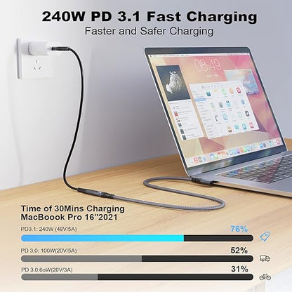 CABLEDECONN USB C 3.2 Gen-2 Extension Cable 0.5M 1.6FT 90 Degree Elbow Thunderbolt 3 240W Fast Charging Cable Male to Female Data Transfer 20Gbps 48V/5A 4K Video Cable Compatible with MacBook