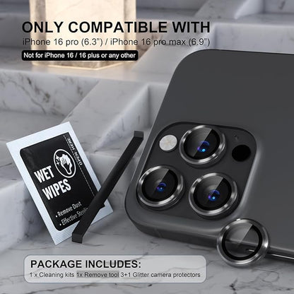 Choiche Compatible for iPhone 16 Pro/iPhone 16 Pro Max Camera Lens Protector, 9H Tempered Glass Camera Cover Screen Protector Metal Ring Decoration Accessories (Black)