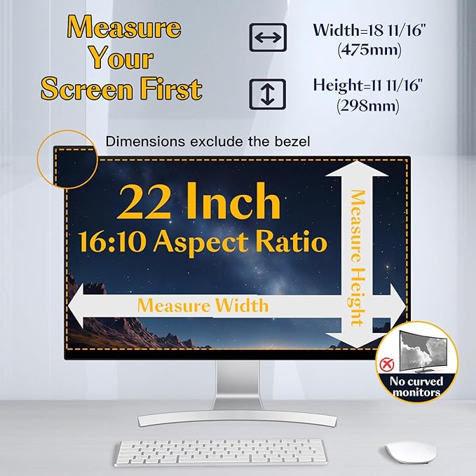 Magnetic Computer Privacy Screen Filter 22 inch for 16:10 Widescreen Monitor Desktop PC, 22in Hanging Removable Anti Blue Light Glare Eye Protection Shield, Screen Protector Panel