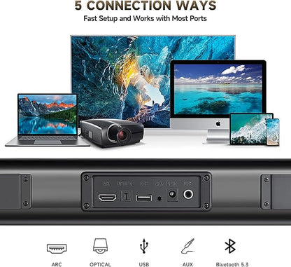 Sound Bar Speakers Bluetooth Wireless, TV Speakers Sound Bar Subwoofer, Home Theater Surround Sound Bar HDMI(ARC) Optical AUX USB 2.1ch Home Audio Sound System TV PC Wall Mount, Ebblack