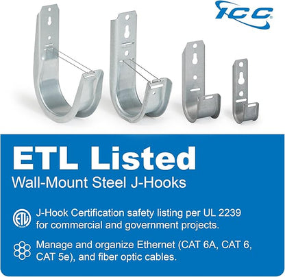 ICC 2-Inch Wall Mount J-Hook – 25-Pack, Cable Support Hooks with Retainer Clips, Galvanized Steel with Zinc Finish – for Structured Cabling and Cable Management