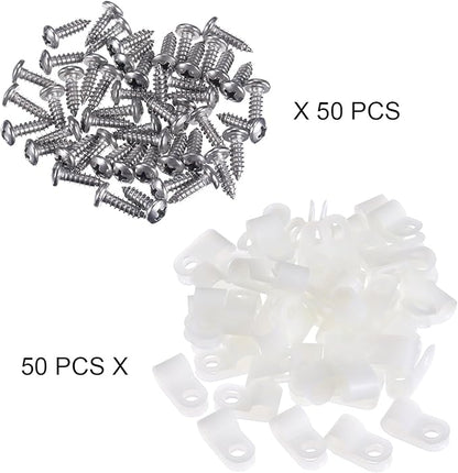Hicarer 50 Pack R-Type Cable Clip Wire Clamp, Nylon Screw Mounting Cord Fastener Clips with 50 Pack Screws for Wire Management (White, 1/4 Inch)