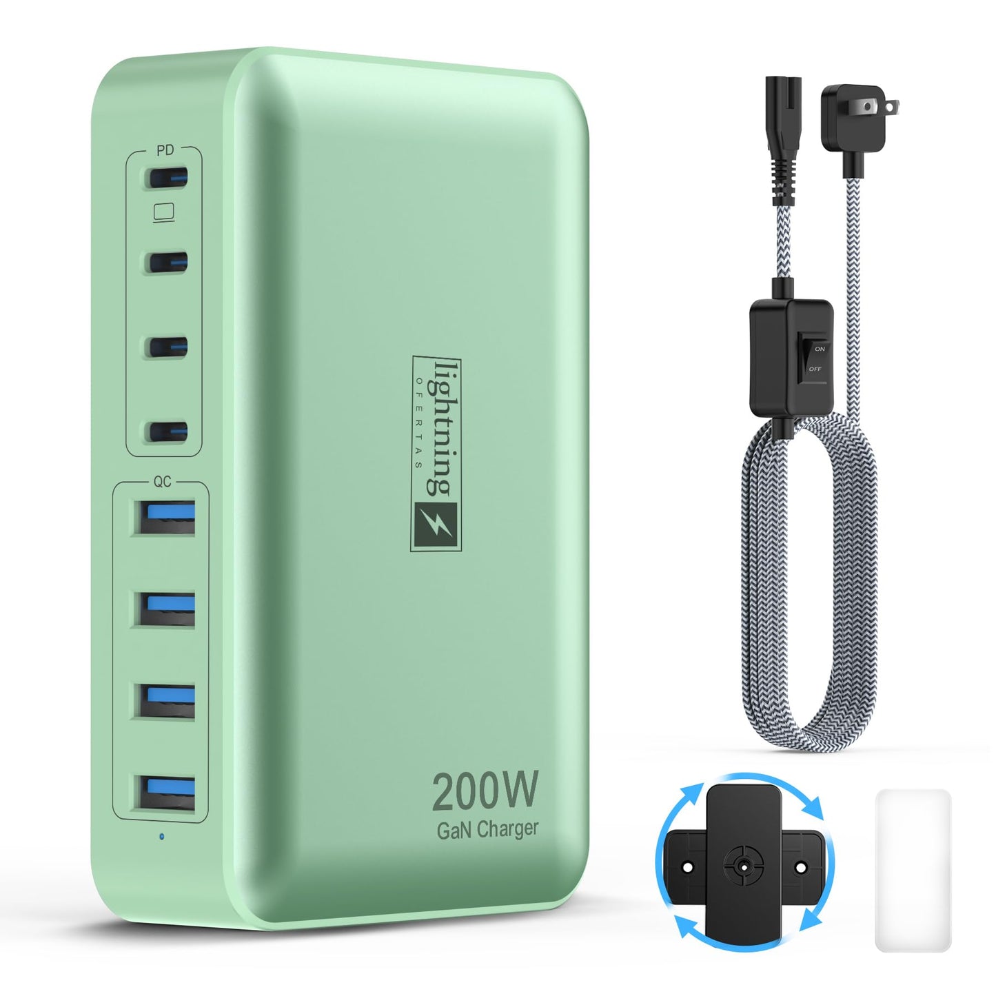 8-Port Multiple Charger Station 200W with Flat Plug, Braided Power Cord, and On/Off Switch- USB Charging Hub for iPhone, iPad, MacBook and More- 65W C Port Power Adapter for Laptops