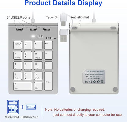 Wired USB C/A Number Pad - Numeric Keypad & Hub with 3 USB2.0 Ports - Portable Slim 18 Key Number Keypad Keyboard for Laptop PC Pad Surface MacBook, Wired Numeric Keypad with Type C & USB Cable 1.6Ft