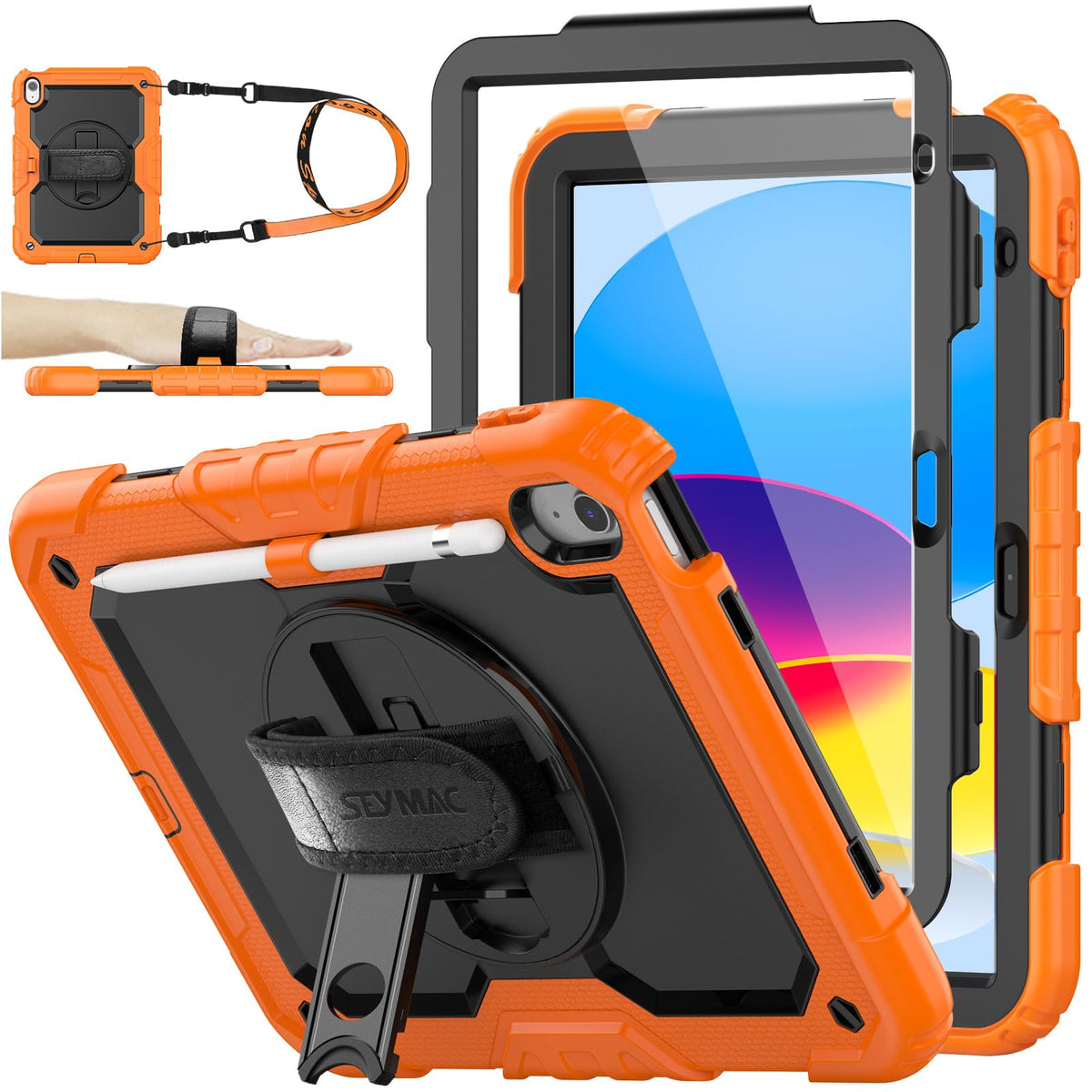 SEYMAC stock Case for iPad (A16) 11th/10th Generation 11''/10.9'' 2025/2022, Full-Body Drop Protection Case with Screen Protector &360° Rotate Hand Strap/Stand, Pink+Black