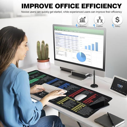Linoows Office Shortcut Mouse Pad, Extra Large 31.5 x 11.8 Inch Gaming Mouse Mat, PC 200+ Hotkeys Keyboard Mousepad for Excel/Word/PPT/Windows, Waterproof Non-Slip Desk Pad with Stitched Edge