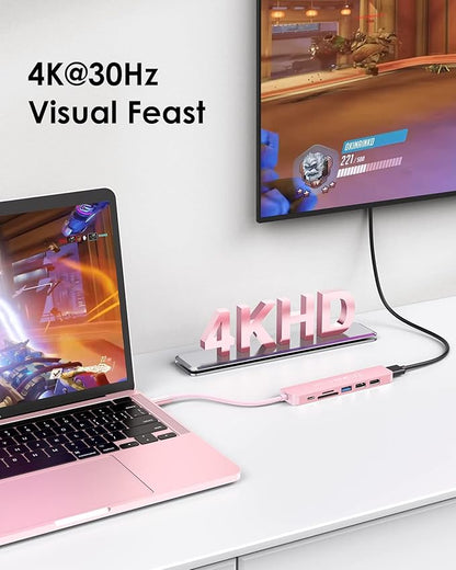 LENTION USB C Hub with 100W Charging, 4K HDMI, Dual Card Reader, USB 3.0 & 2.0 Compatible MacBook Pro, New Mac Air/Surface, Chromebook, More, Stable Driver Adapter (CB-CE18, Rose Gold)