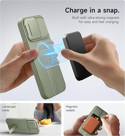 SURITCH for iPhone 14 Pro Max Case with Magnetic Camera Slide Cover and Adjustable Kickstand, Compatible with MagSafe, Shockproof Bumper Case Slim Protective Cover 6.7 Inch, Green