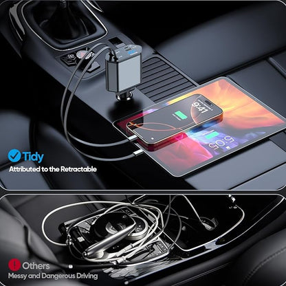66W Retractable Car Charger,CarCharger Fast Charging 4 in 1 Car Phone Charger Retractable USB C Cable,Type C to Lightning Cord,USB C Port and USB A Port Fast Charging for iPhone 16/15/14,iPad