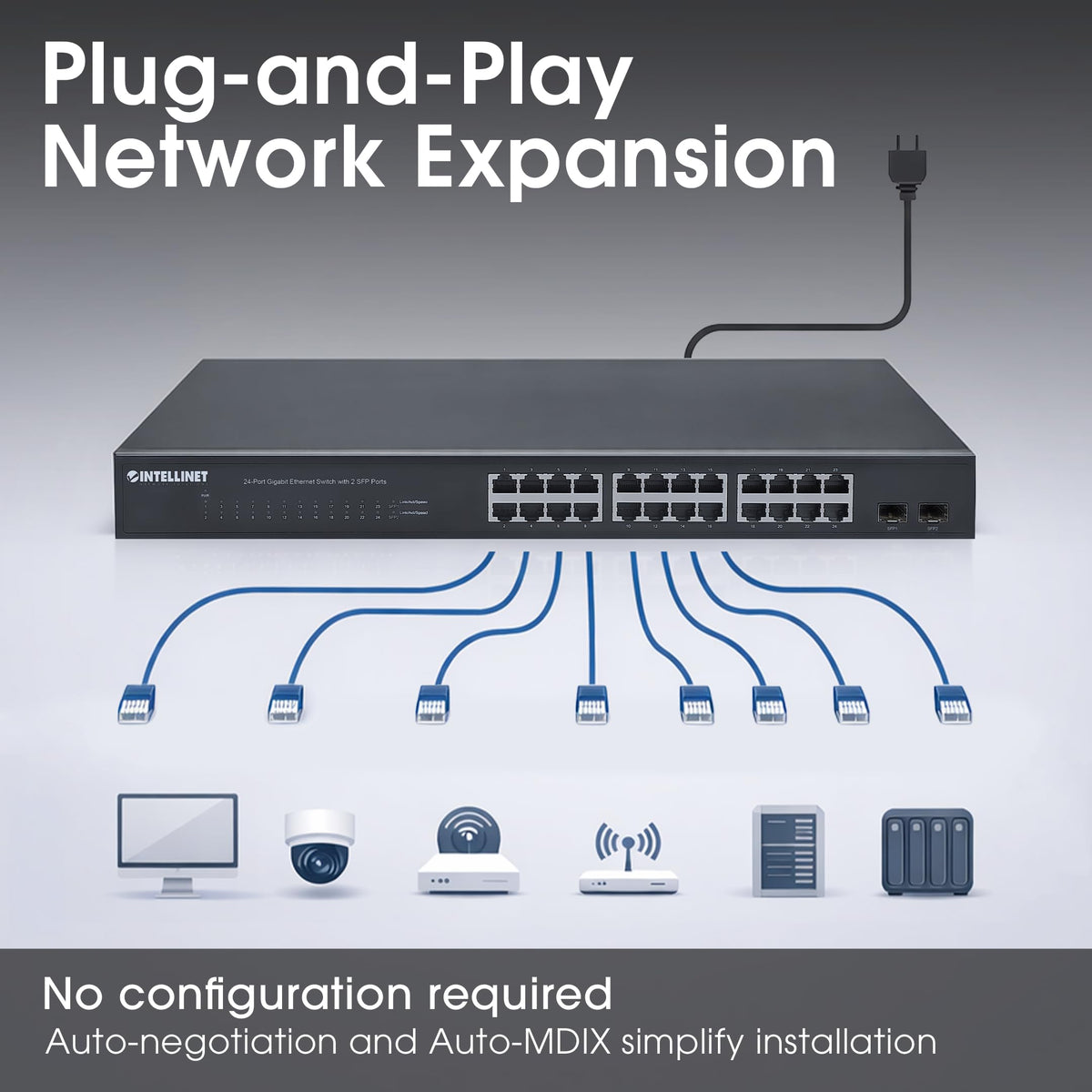 Intellinet 24-Port Gigabit Ethernet Switch, 2 SFP, Unmanaged Rackmount 1U