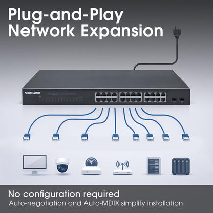 Intellinet 24-Port Gigabit Ethernet Switch, 2 SFP, Unmanaged Rackmount 1U