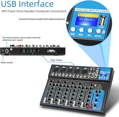 Depusheng HT7 Bluetooth Portable Audio Mixer w/USB DJ Sound Mixing Console MP3 Jack 48V Power for Computer Recording, 7-Channel Bands Mixing Boards For Studio Recording