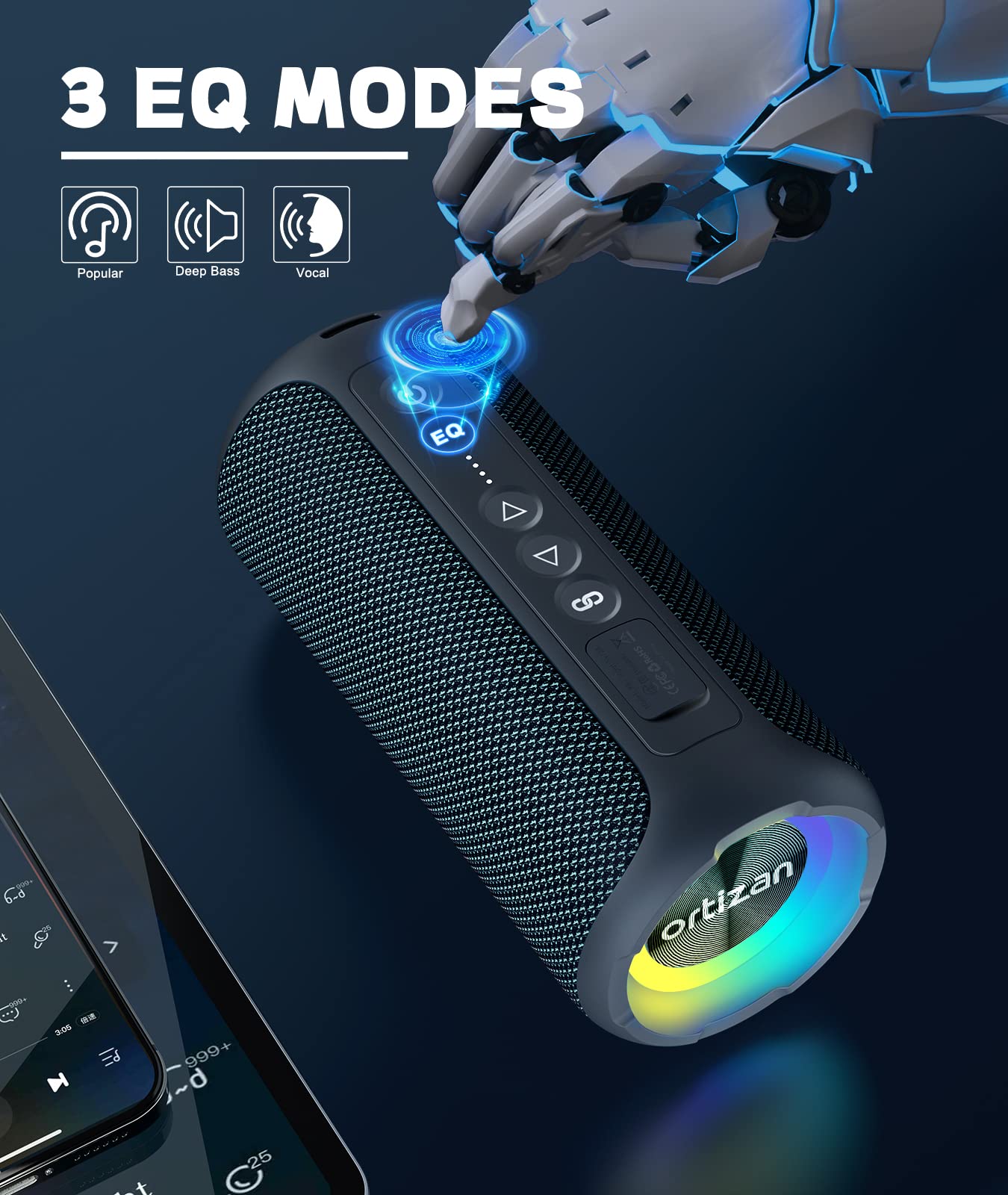 Ortizan Portable Bluetooth Speaker (2nd Gen), 40W powerful sound and deep bass, IPX7 waterproof, 30 hours of playtime, TWS for 2 speakers pairing for home, outdoor and travel - Electronics gift, Black