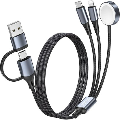3 in 2 Multi Charging Cable for Apple Watch Charger, Nylon Braided 4FT Multi Chargers for All Devices, USB C Multiple Charger Cord Compatible with iPhone 16 15 14/iWatch UItra/SE/9-1/Galaxy Android