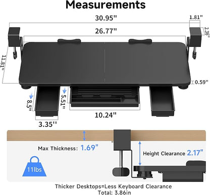 Keyboard Tray Under Desk with Storage Drawer Large C-Clamp 26.7”(31” Including Clamps) x 11.8” Slide-Out Platform Computer Drawer Pull Out Keyboard & Mouse Tray DSF7CT