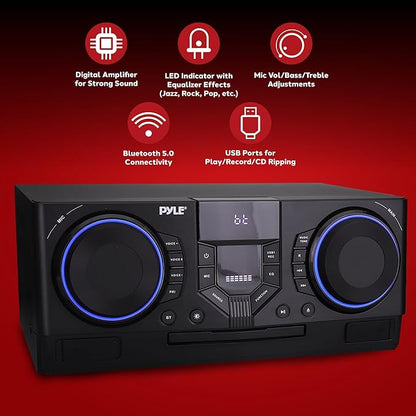 Pyle Mini Hi-Fi Bluetooth Stereo System – 3-Piece CD Player with Speakers, MP3, FM Radio, USB Recording, Subwoofer, DSP-Tech, Equalizer Settings, Compact Home Stereo System with Remote Control (Black)