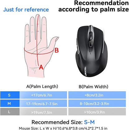 TECKNET Rechargeable Jiggler Wireless Mouse (BT5.0/3.0 & 2.4G) 4800 DPI Silent USB A & Bluetooth Mouse 6 Buttons, Wide Compatibility - Black