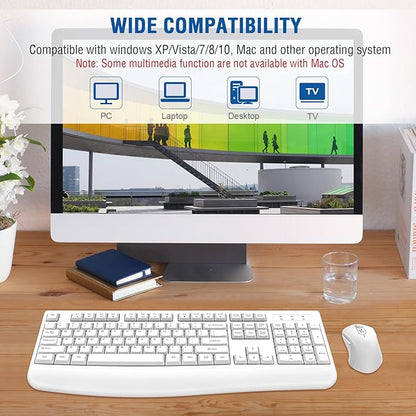 Wireless Keyboard and Mouse Combo, EDJO Full-Sized Ergonomic Computer Keyboard with Wrist Rest and 3 Level DPI Adjustable Wireless Mouse for Windows, Mac OS Desktop/Laptop/PC (White)