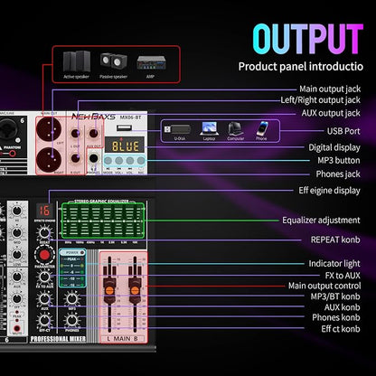 Professional Audio Mixer,6 Channel Audio Interface Sound Board Mixing Console System with Monitor,16 DSP DJ Bluetooth Mixer Reverb Effect +48V Phantom For Karaoke Studio Streaming Recording