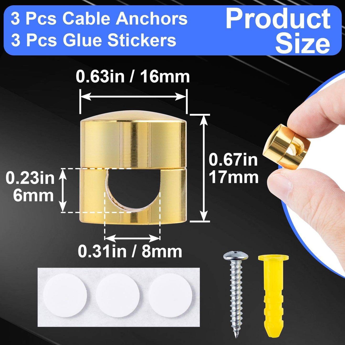 SmallCat 3 Sets Charger Holders for Cords, Gold Metal Cord Holder for Desk