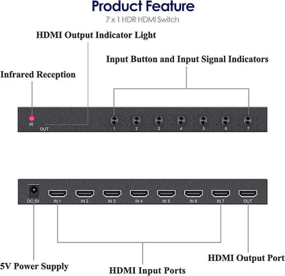 7 Way HDMI Switch 4k@60Hz HDMI Switcher 7 in 1 Out HDCP 2.0 Manual HDMI 2.0 Hub Supports 3D Compatible with Nintendo Switch/Switch OLED/Xbox/ PS5/4/3 Blu-Ray Player Fire Stick Roku Apple TV Chromeca