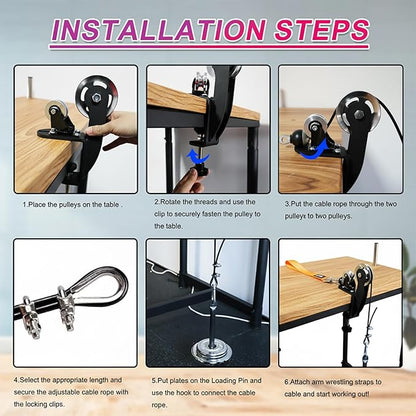 Arm Wrestling Pulley System with Adjustable 1.5m Steel Cable, Dual Aluminum Pulleys, 220lb Capacity, Table Clamp and Loading Pin for 1” & 2” Weight Plates, Wrist Strength Training Equipment