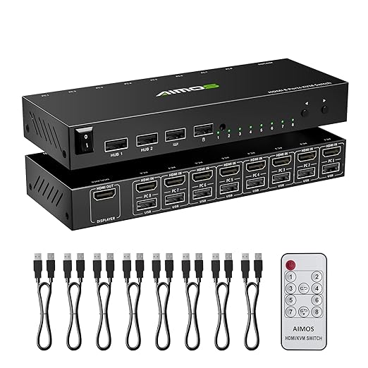 8 Port KVM Switch HDMI 4K@30Hz, USB2.0 HDMI KVM Switch for 8 Computers Share 1 Monitor Keyboard Mouse Printer, Support Hotkey Switch, with Remote Control and 8 USB Cables