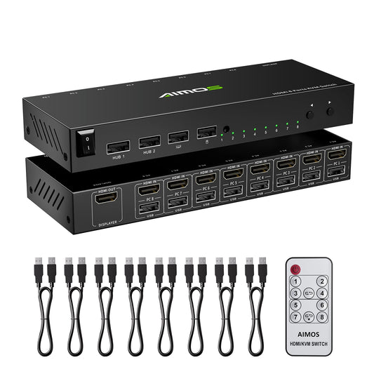 8 Port KVM Switch HDMI 4K@30Hz, USB2.0 HDMI KVM Switch for 8 Computers Share 1 Monitor Keyboard Mouse Printer, Support Hotkey Switch, with Remote Control and 8 USB Cables