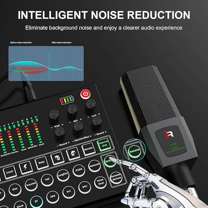 RHM Podcast Equipment Bundle, All-in-One Audio Interface DJ Mixer with Microphone, Stand, Monitor Earphone, Audio Mixer With Sound card for PC/Laptop/Phone, Streaming/Podcasting/Gaming (M9 Set)