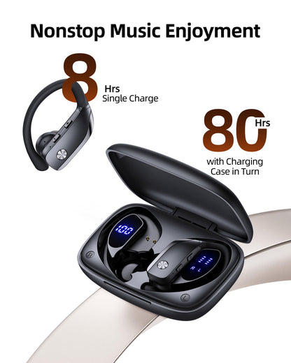 bmanl Wireless Earbuds Bluetooth Headphones Over Ear Hooks Ear Buds with 80H Playtime, LED Power Display, Dual Mic Clear Calls, Sports Wireless Ear Buds Bluetooth Earbuds for Running Gym Workout Black