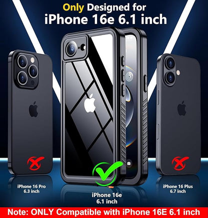 SPIDERCASE for iPhone 16e Case Waterproof,Built-in Screen & Camera Lens Protector[IP68 Underwater] Full Body Protection Phone Case for iPhone 16e 6.1'', Black/Clear
