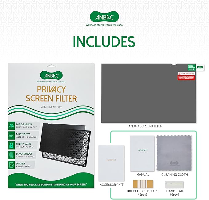 ANBAC 24 Inch Desktop Privacy Screen Shield for 16:9 Wide Monitor - Anti Glare Computer Privacy Screen Cover | Blue Light Blocking Screen Protector | Scratch Resistant UV Filter | Attachment Type