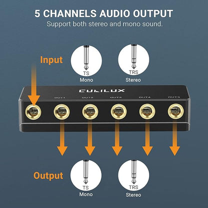 Cubilux Passive 6.35mm Headphones Splitter Box, 1/4” Stereo Multi Audio Distributor, Multiport Quarter Inch TRS TS Aux Splitter for Guitar Signal, Studio Recording, Live Performance, Monitors