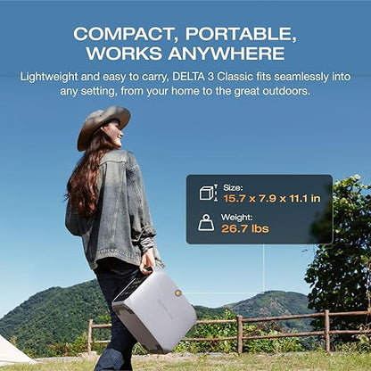 EF ECOFLOW Portable Power Station DELTA 3 Classic, 1024Wh LiFePO4 Battery, 1800W AC/100W USB-C Output, 1 Hr Fast Charge, Solar Generator for Home Backup, Camping & RVs (Solar Panel Optional)