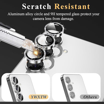 YWXTW Camera Lens Protector for Samsung Galaxy S24 / S23 / S23 Plus, [NOT for S24 Plus] 9H Tempered Glass Metal Individual Ring Camera Screen Protector for S24 Accessories (Silver Glitter)
