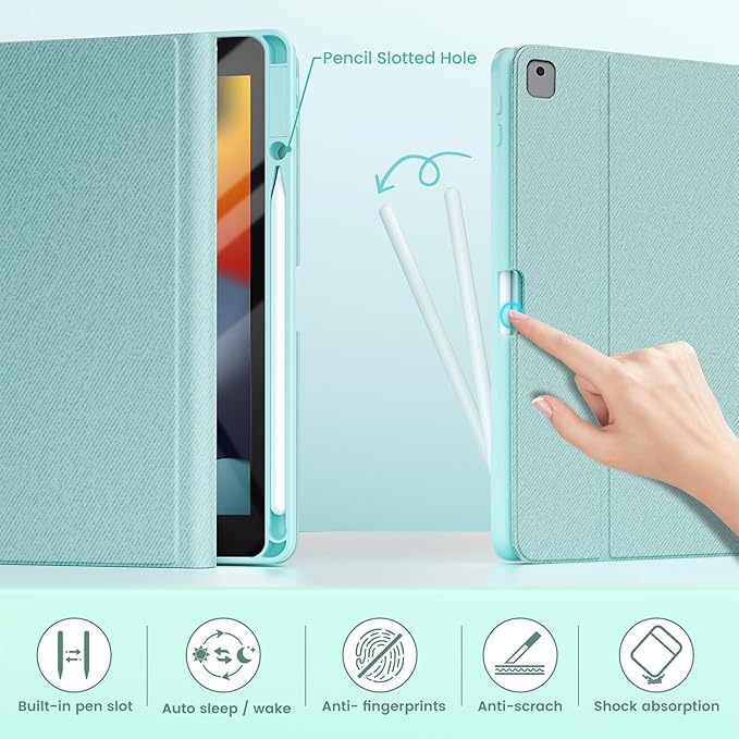 iPad 7th/8th/9th Generation Case with Keyboard 10.2-inch 2019/2020/2021, iPad Air 3rd/Pro 10.5-inch 2017 Compatible, 7 Color Backlit Keyboard BT/Wireless/Detachable with Pencil Holder (Mint Green)